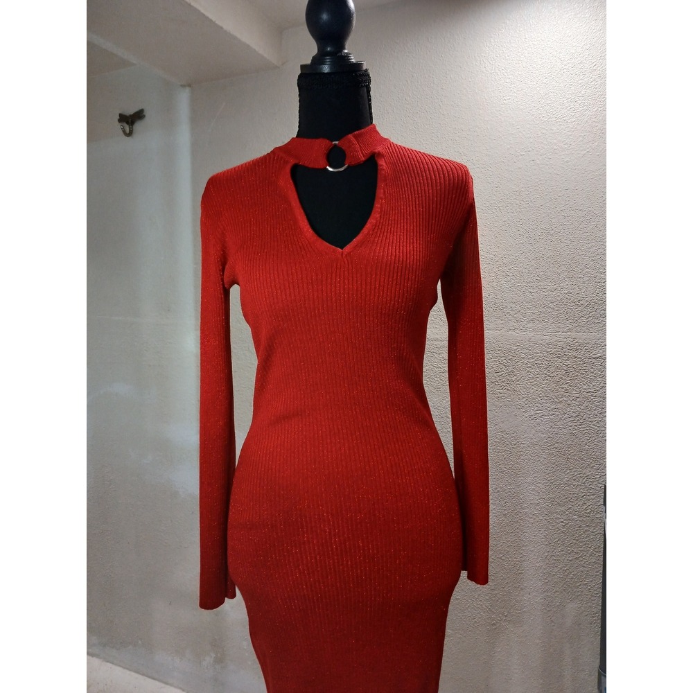 No Boundaries Red Metallic Ribbed Keyhole Midi Dress NJ47T407M Medium 7-9